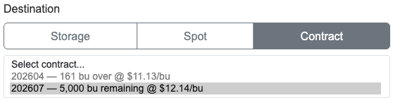 The delivery form's Contract list with contract 202604 greyed out and labelled 161 bu over, and contract 202607 selectable with 5,000 bu remaining