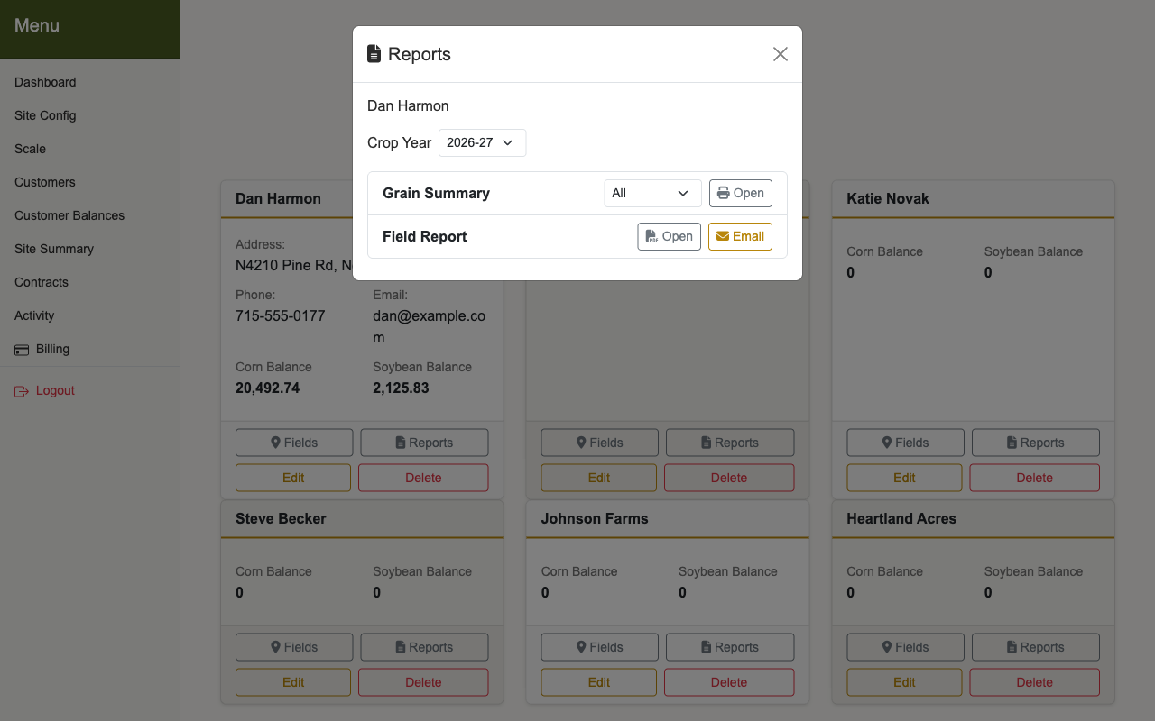The Reports window for a customer in Horizon Grain with a crop year picker, a Grain Summary row with a commodity choice and Open button, and a Field Report row with Open and Email buttons