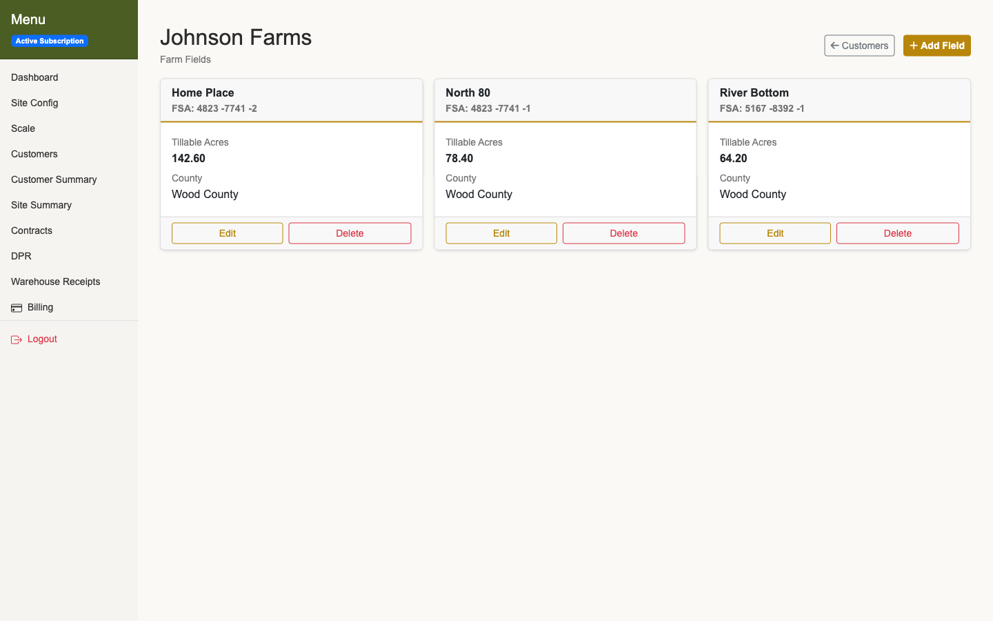 Farm Fields section on a customer profile in Horizon Grain showing FSA Farm Number, Tract Number, Field Number, tillable acres, and county for multiple fields