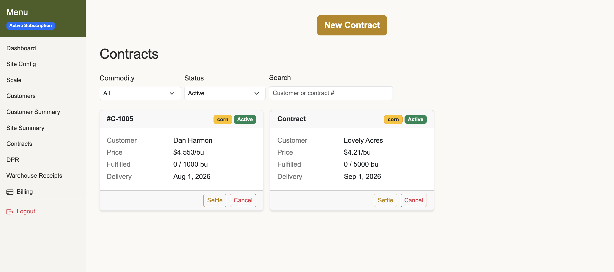 Forward contracts list in Horizon Grain showing fulfilled vs remaining bushels