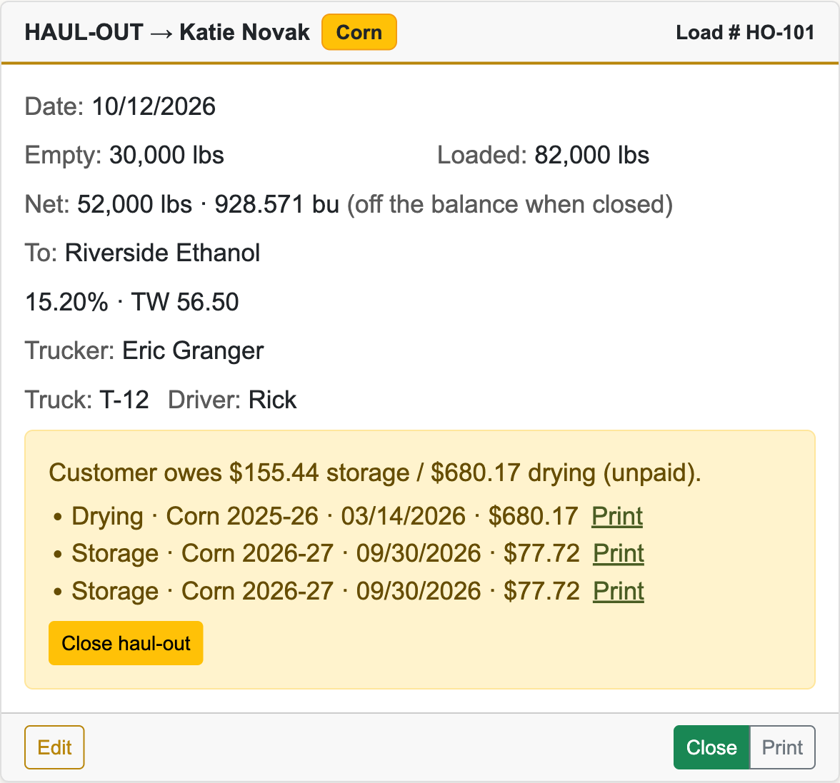 Haul-out card with a yellow notice listing the customer's unpaid storage and drying invoices, each with a Print link, and a Close haul-out button