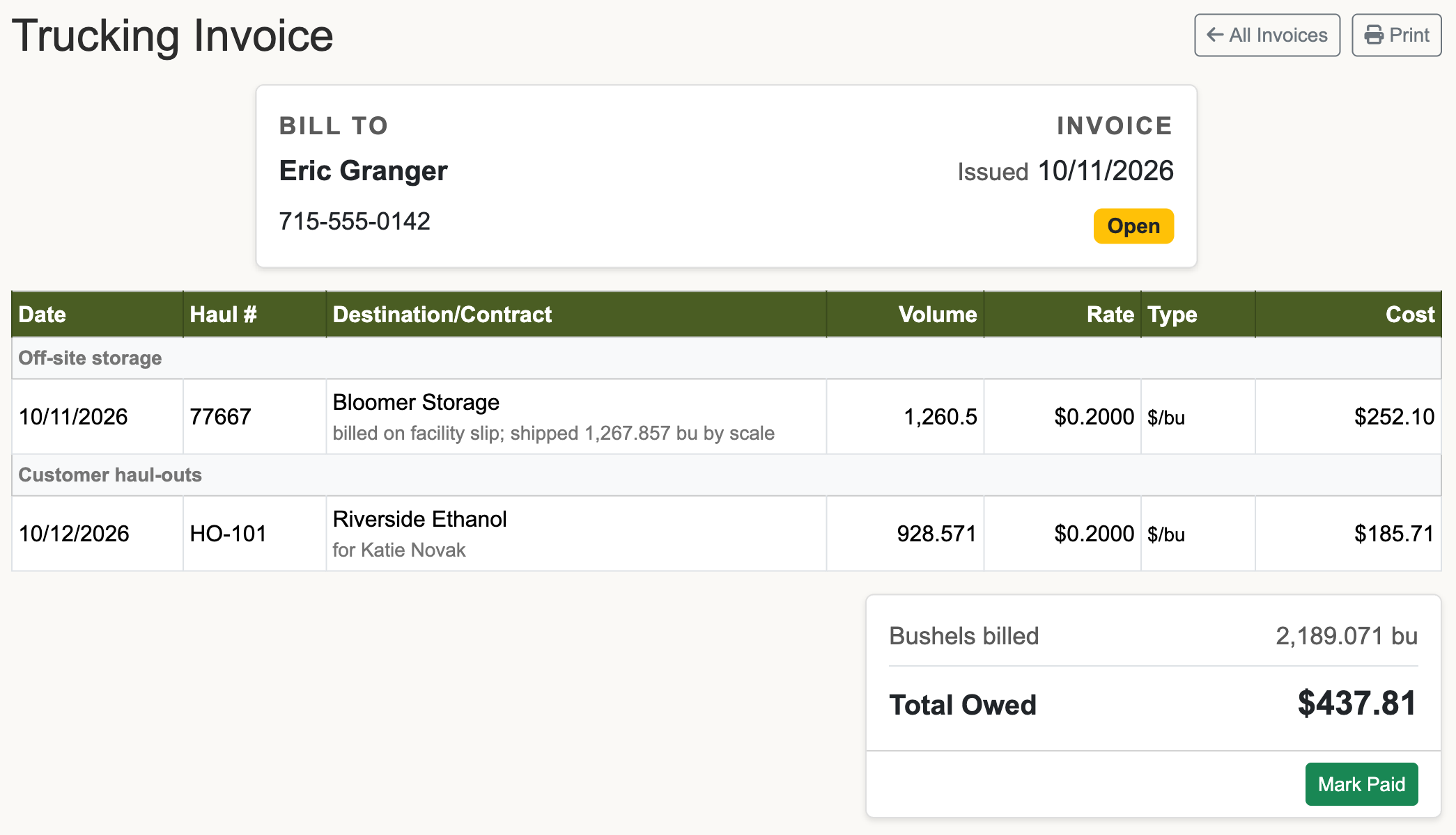 Trucking invoice with a Customer haul-outs section listing a haul-out with its date, load number, destination, customer, rate and charge