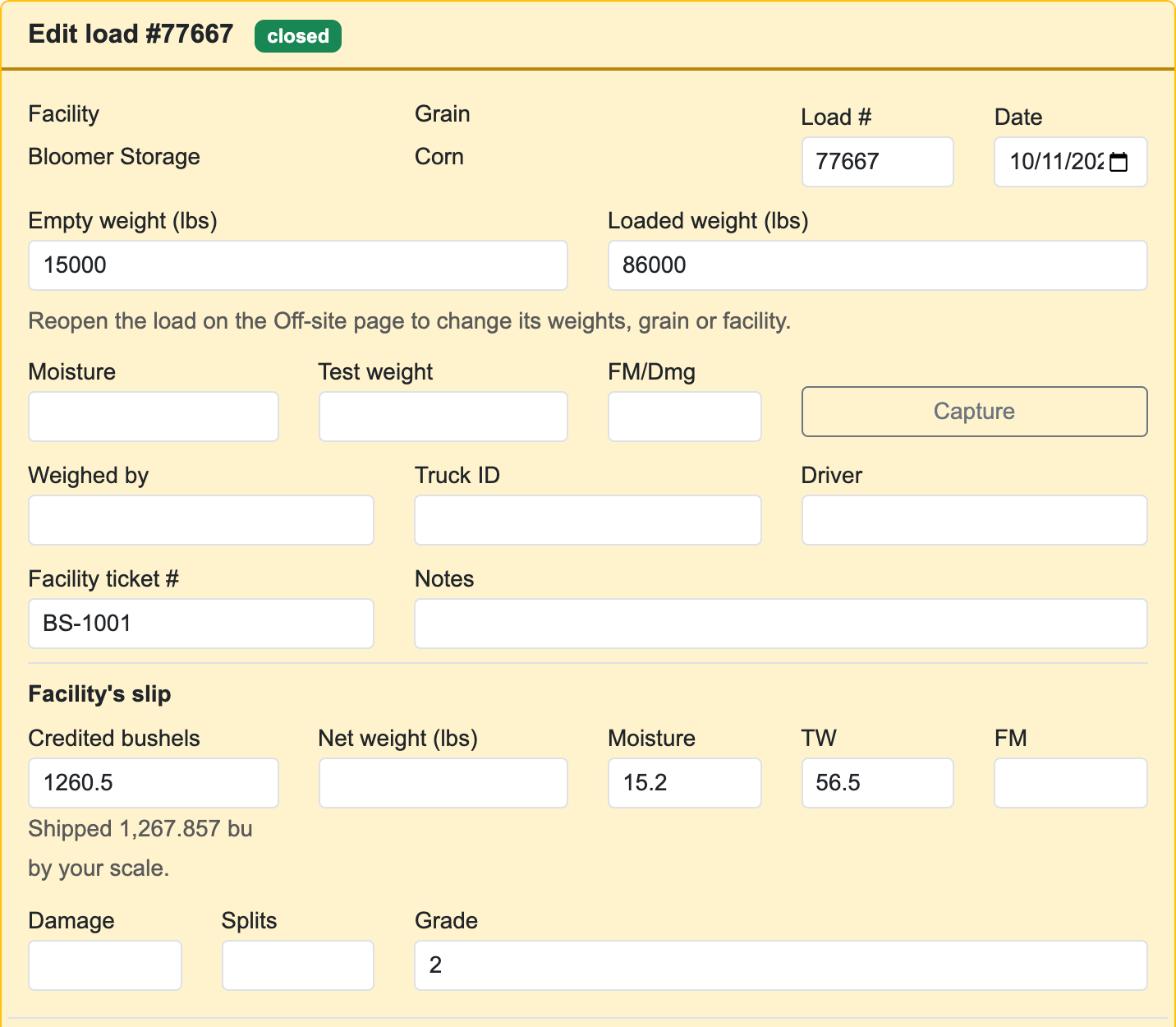 Edit load form for closed load 77667 to Bloomer Storage. Facility and grain are shown as plain text, a note says to reopen the load to change its weights, grain or facility, and the Facility's slip section has credited bushels 1260.5, moisture 15.2, TW 56.5 and grade 2