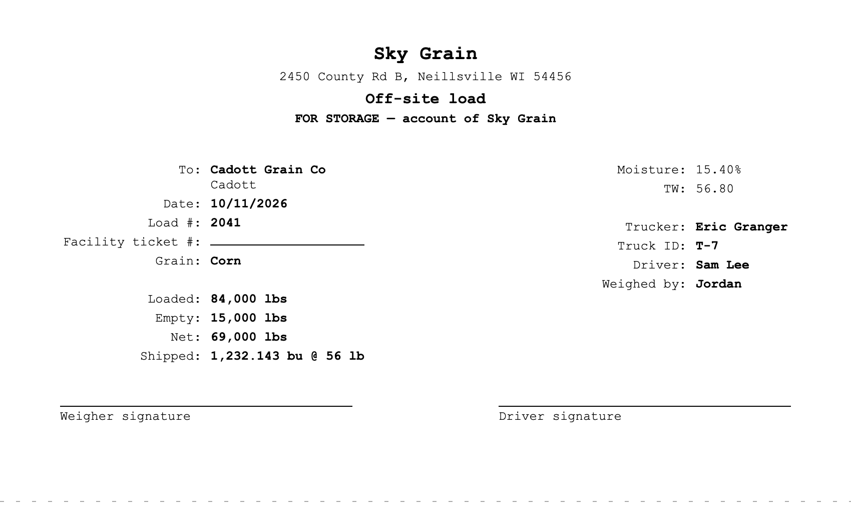 Printed off-site load slip marked For Storage, addressed to Cadott Grain Co, with date, load number, a blank line for the facility ticket number, grain, loaded, empty and net weights, shipped bushels, moisture, test weight, trucker, truck, driver, weigher, and signature lines