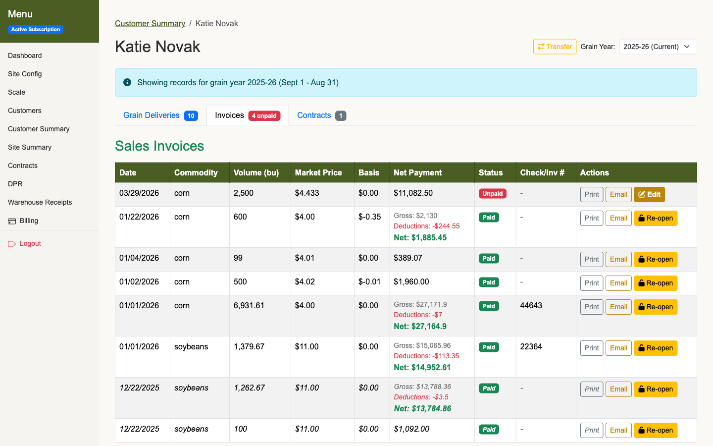 Customer summary screen showing invoices, payments, and outstanding charges