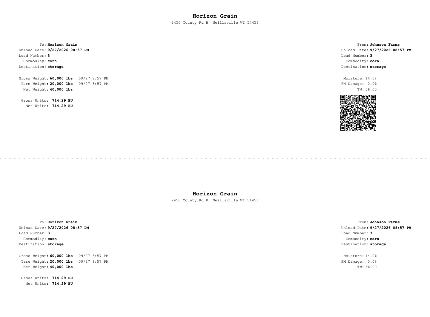 A printed grain slip: two copies of the same load on one sheet, each with the site name, customer, load number, weights, bushels, moisture and test weight, and a QR code on the right of the first copy