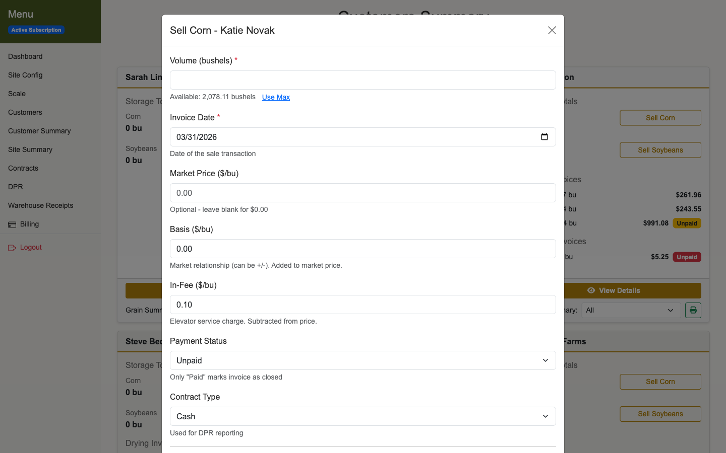 Sales screen showing producer cash sales and buyer contracts